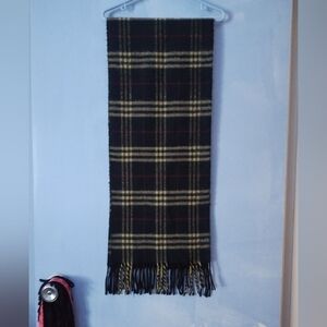 Vintage Burberry 100% Cashmere Black Plaid Fringed Scarf